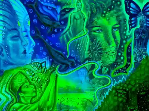 Vibrant psychedelic art in neon blue and green, featuring multiple faces, figures, a jaguar, and intertwined nature elements
